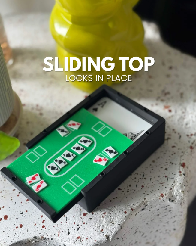 Playing Card Deck Holder | Poker Table Case | Sliding Storage Box | Swappable Miniature Game Pieces | Casino Gift | 3D Printed Organizer